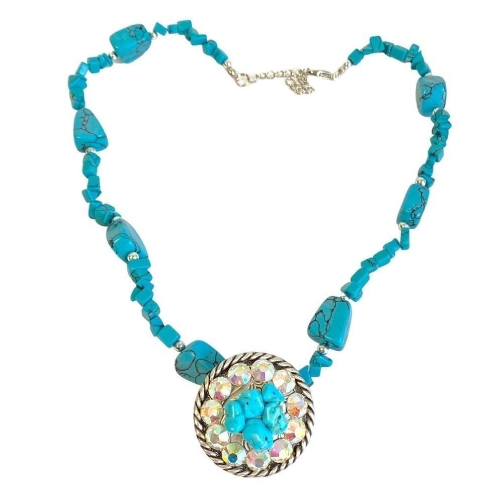 Turquoise‎ Nugget Necklace Aurora Borealis Crystal Iridescent Enhancer Pendant